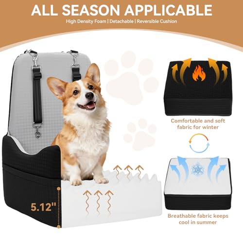PETSFIT Dog Car Seat for Small/Medium Dogs Up to 35 lbs – Patented Safety System, 5" Memory Foam Pet Booster Car Seat, Fully Detachable and Washable Dog Carseat with 2 Storage Pockets (Black & Grey)
