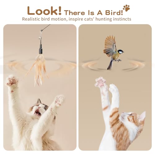 Pawaboo Feather Teaser Cat Toy - Interactive Wand with Extra Long 34.5" Wand and Small Bell, Fun Exerciser Playing Toy for Kittens or Cats, Brown Feather