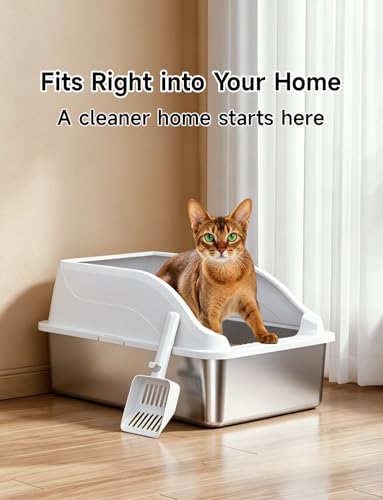 KISENG Stainless Steel Cat Litter Box, Extra Large XL Odor Free Metal Litter Box with High Sides Lid, Open Top Litter Pan Include Scoop Easy Cleaning Kitty Cat Box Anti-Urine Leakage, Non-Sticky