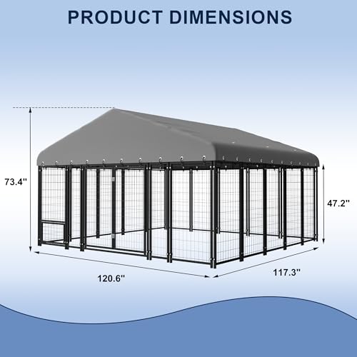 Muphyers 10X10FT Large Dog Kennel Outdoor Dog Enclosure Outside, Double Door Heavy Duty Galvanized Steel Dog Crate Durable Dog Cage with Roof & Double Lock
