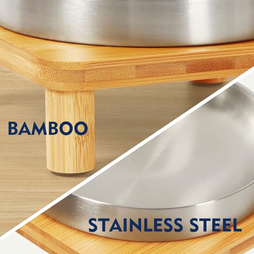 DoogCat Elevated Cat Bowls for Indoor Cats – Raised Bamboo Cat Bowl Stand with 5.5 Inch Wide Stainless Steel Dishes, Pet Food Table Plate for Easy Feeding, Whisker Friendly(Silver,Set of 2)