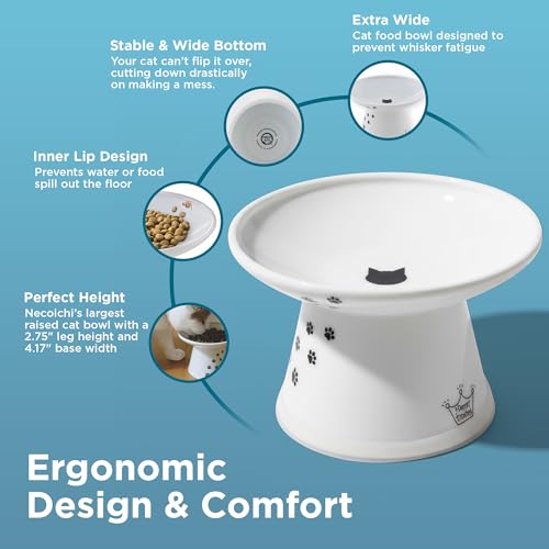 Necoichi Elevated Cat Food Bowl, Ceramic (Porcelain), Whisker-Friendly, Dishwasher & Microwave Safe, Non-Slip Silicone Base, Anti-Vomiting & Neck Fatigue (Cats, Extra Wide, 2-Cups Capacity)
