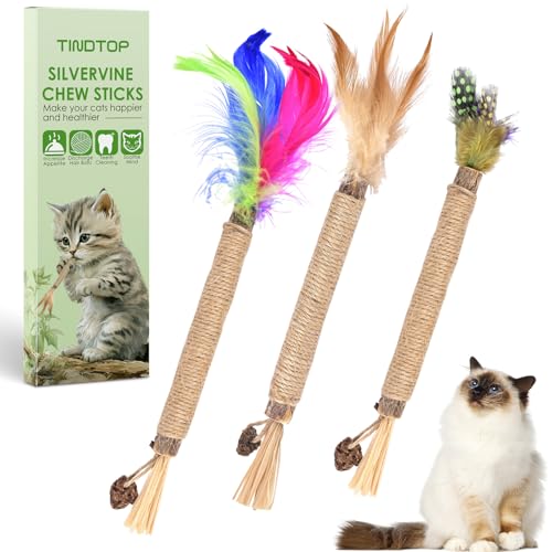 TINDTOP Silvervine Chew Sticks for Cats, Natural Catnip Chew Toys for Kittens Teeth Cleaning, Matatabi Dental Care, Increase Appetite, Calm Cat Anxiety and Stress, Cat Dental Toy (3 Pack)