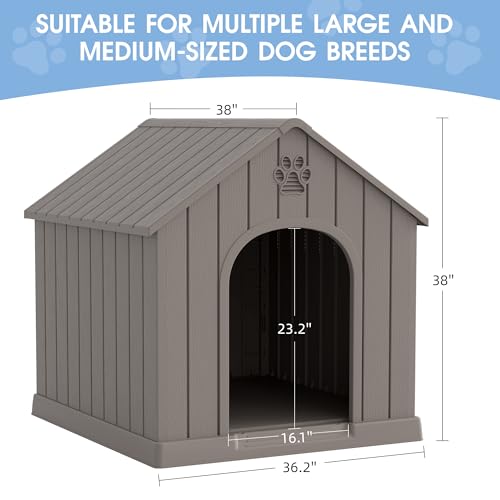 Fancyango Large Dog House Outdoor Indoor, Sturdy Plastic Waterproof Doghouse with Air Vents and Elevated Floor, Easy Clean and Assemble for Medium Large Dogs (Classic Grey, 36.2''L×38''W×38''H)