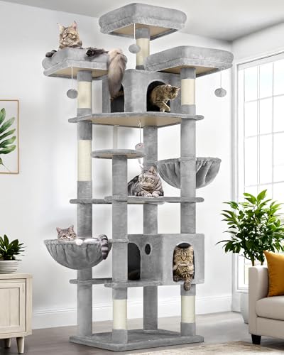 Globlazer Cat Trees and Towers for Multiple Adult Cats, 82-inch XXL Tall Cat Tree Tower for Indoor Cats with Scratching Post, 3 Perches, 2 Condos, 2 Hanging Baskets, F82, Light Grey