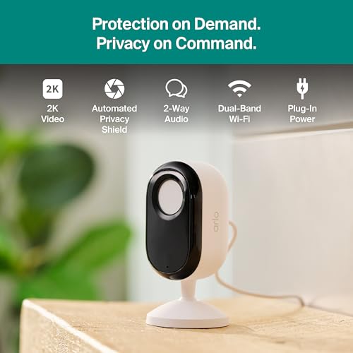 Arlo Essential Indoor Security Camera 2K (3rd Gen, 2025 Release) - Wired Plug-in Power, Person Recognition, Animal Detection, 1-Month Trial of Secure Plan, Automated Privacy Shield, 2 Cam, White