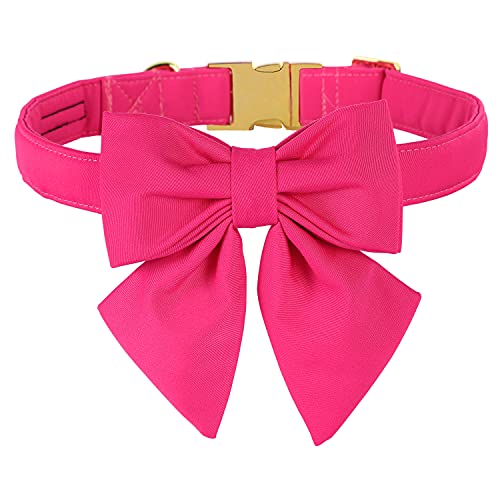 Maca Bates Hot Pink Dog Collar with Cute Rose Red Solid Sailor Bow Tie,Large Girl Boy Dogs,Girly Adjustbale Durable Breakaway Soft Collars with Bowtie for Female Male Puppy,Pet with Metal Buckle