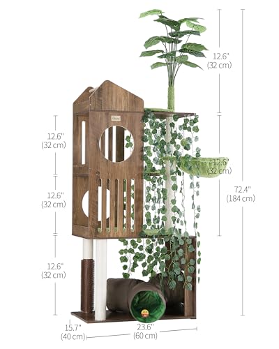FourFurPets Large Cat Tree with Leaves, 72.8-Inch Cat Tower for Indoor Cats, Modern Cat Tree with Scratching Post, Large Perch, Tunnels, Swing Ball, Self Groomer, Greige