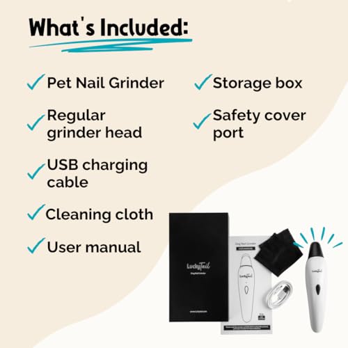 LuckyTail Pet Nail Grinder for Dogs and Cats - Super Quiet and Low Vibration Electric Dog Nail Grinder with 2 LED Lights - USB Rechargeable and Cordless - 2 Speeds - Small to Large Pets