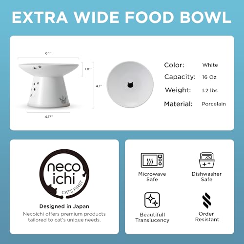 Necoichi Elevated Cat Food Bowl, Ceramic (Porcelain), Whisker-Friendly, Dishwasher & Microwave Safe, Non-Slip Silicone Base, Anti-Vomiting & Neck Fatigue (Cats, Extra Wide, 2-Cups Capacity)