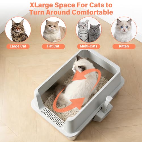 Stainless Steel Cat Litter Box with Lid, XL Metal Litter Box, Extra Large Litterbox for Big Cats, High Sided | Easy Cleaning | Odor-Free Includes Scoop and Mat