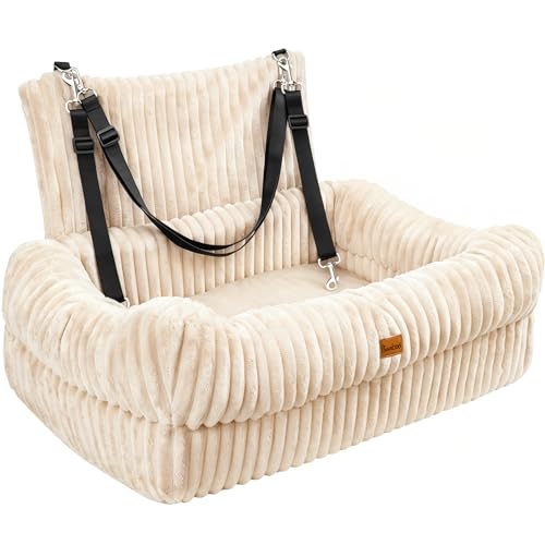 Pawaboo Dog Car Seat, Dog Booster Car Seats with Memory Foam, Thickened Cushion & Washable Removable Cover, Pet Travel Carseat Bed with Safety Leashes for Medium/Large Dogs or 2 Small Dogs, Beige