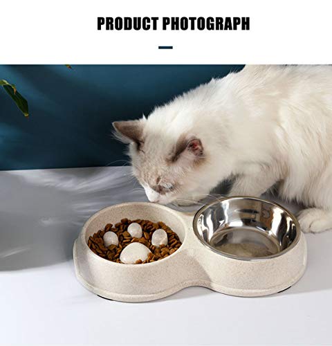 Tineer Double Pet Dog Slow Feeder Bowl,Stainless Steel Anti-Choke Puppy Food and Water Feeder for Dog Cats (White)