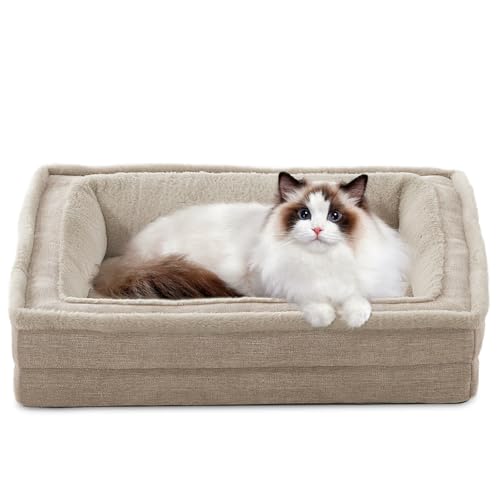 Laojin Balhen Cat Couch for Pets, Washable Cat Beds for Indoor Cats, Super Soft Plush Supportive Dog Couch Bed for Puppy and Kitten with Anti-Slip Bottom, 24inch, Beige