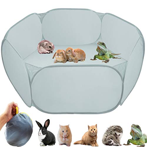 Small Animal Cage Tent Playpen with Fabric,Reptiles Cage,Breathable Transparent Pet Playpen Pop Open Outdoor/Indoor Exercise Fence,Portable Yard Fence (Solid-Grey)
