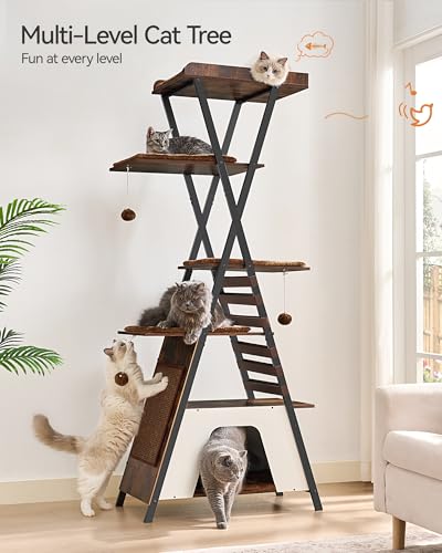 FourFurPets 72.4" Modern Cat Tower for Indoor Cats - Multi-Level Condo With Caves, Tall Tree With Scratching Board, Wooden Tower With Large Perch, Removable Pads, Rustic Brown