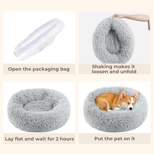 Calming Donut Dog and Cat Bed for Indoor Cats, Anti-Anxiety Round Fluffy Soft Washable Small Pet Bed for Puppy and Kitten, Warming Comfortable Luxury Anti-Slip Waterproof Mute Base 20in Gray