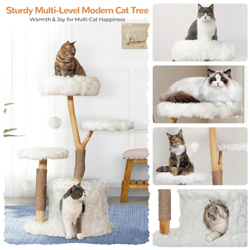 COZIWOW Modern Cat Tree Tower, Cloud Cat Tree with Solid Natural Wood Scratching Post, Luxury Condo & Perches, Aesthetic White Cat Furniture for Indoor Large Cats, 34" L X 17.7" W X 41.7" H