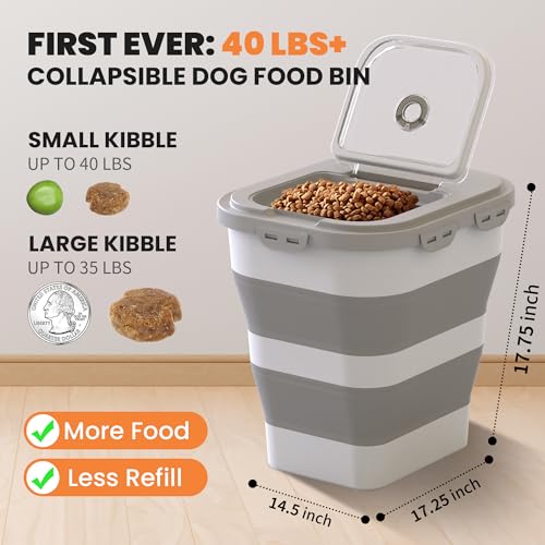 DDMOMMY 35-40 Lbs Airtight Dog Food Storage Container, Collapsible Dog Food Container with Lid, Wheels, Date Track, Large Pet food storage Container for Rice,Flour,Sugar,Dog Food Scoop,2PCS Containers