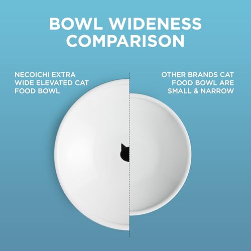 Necoichi Elevated Cat Food Bowl, Ceramic (Porcelain), Whisker-Friendly, Dishwasher & Microwave Safe, Non-Slip Silicone Base, Anti-Vomiting & Neck Fatigue (Cats, Extra Wide, 2-Cups Capacity)