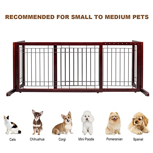 Bonnlo Free Standing Dog Gate, 37" - 68" Wide Pet Gate for Fireplace Stairs Doorways, Wooden Adjustable Pet Fence Indoor, Christmas Tree Gate (Cherry)