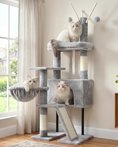 Gitelsnour Cat Tree for Indoor Cats, Cat Tower with Scratching Post for Small Cats and Kittens, Cat House with Removable Top Platform and Fluffy Balls, Hanging Cat Basket, Light Gray GCT006SW