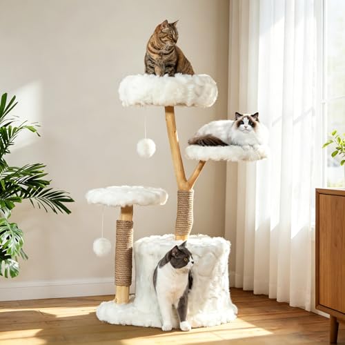 COZIWOW Modern Cat Tree Tower, Cloud Cat Tree with Solid Natural Wood Scratching Post, Luxury Condo & Perches, Aesthetic White Cat Furniture for Indoor Large Cats, 34" L X 17.7" W X 41.7" H