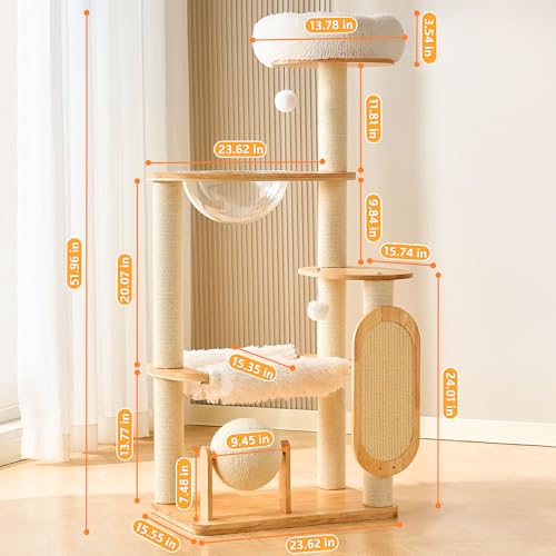 HITTITE Solid Wood Cat Tree Tower with Scratching Post, 53 Inches Tall Cat Towers with Scratching Board and Scratcher Ball, Modern Cat Tower with Space Capsule and Removable Top Bed for Indoor Cats