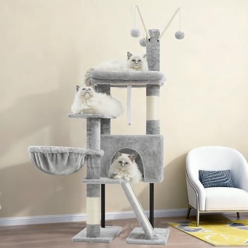 Gitelsnour Cat Tree for Indoor Cats, Cat Tower with Scratching Post for Small Cats and Kittens, Cat House with Removable Top Platform and Fluffy Balls, Hanging Cat Basket, Light Gray GCT006SW