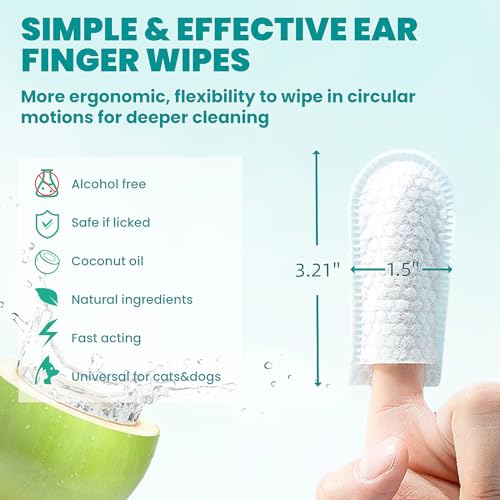 MEDUWEDU Ear Cleaner Finger Wipes 60 Counts, Dog Ear Cleaner, Grooming Kit Care for Dogs and Cats, Soft & Easy Otic Cleaning Pads, Remove Wax, Dirt & Stop Smelly, Itchy, Non-Irritating, Coconut Scent