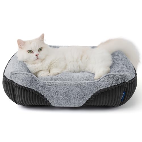 Bedsure Washable Dog Bed Small Dog＆Cat- Rectangle Fluffy Plush Kitten Puppy Bed, Comfy Corduroy Fleece and Nonskid Bottom,20x19x6inches,Suitable for Pet Up to 15lbs,Grey