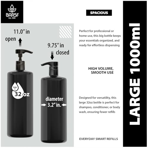 Bar5F 1-Liter BPA-Free Black Pump Bottles – Refillable PET Plastic Dispensers for Shampoo, Conditioner & Body Wash with UV Shield Gloss Finish, Heavy-Duty 3-Pack