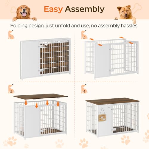 YATINEY Foldable Dog Crate Furniture, Dog Crate with DIY Frame, Heavy Duty Dog Kennel Indoor with Hooks, Wooden Dog Cage End Table, for Small/Medium Dogs, White and Walnut DC95WH