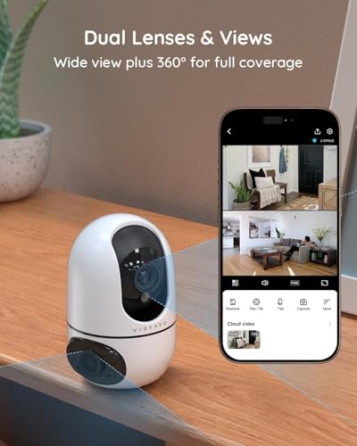 VIRTAVO XD1 Indoor Security WiFi Camera, No Subscription Required, Dual-Lens 360° PTZ Baby Monitor & Pet Cam, Motion Tracking, 2-Way Audio, Night Vision,Optional Cloud/SD Storage, Phone App, Wired