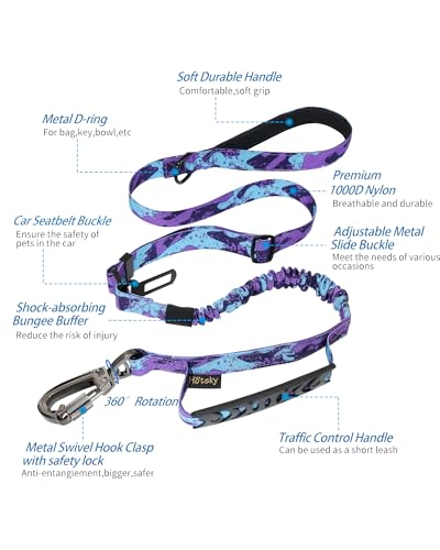 Hotsky Tactical Dog Leash Heavy Duty for Medium Large Dogs that Pull,4-6Ft Strong Bungee Shock Absorbing No Pull Dog Leash with Padded Double Handle and Car Seatbelt,Purple Camo