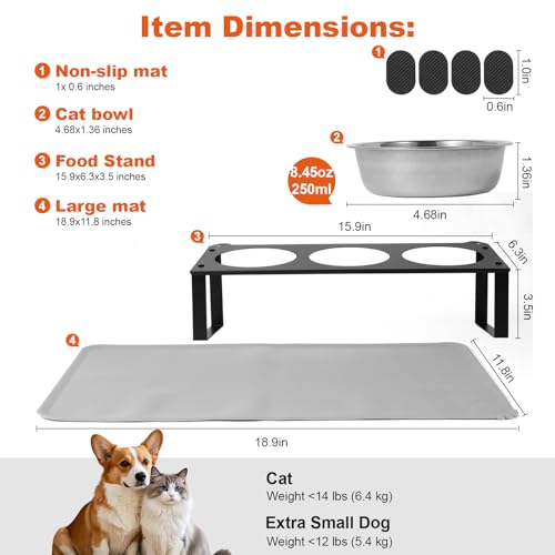 Elevated Cat Bowls with Food Mat, 10°Tilted Non-Slip Raised Cat Food Water Bowls Set, 3 Thick Stainless Steel Pets Dishes with Cute Metal Feeding Stand for Indoor Kitten Puppy, Anti-Vomiting