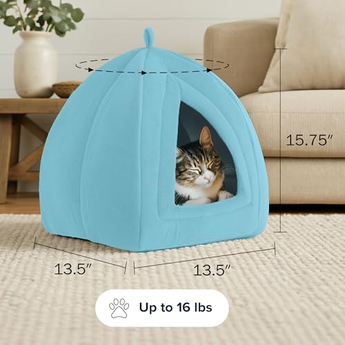 Cat House Indoor Cat Bed with Removable Foam Cushion, Plush Cat Tent Bed for Small Pets, Comfortable Cozy Hideaway for Cats, Kittens, Rabbits, Guinea Pigs, Ferrets, Hedgehogs, by PETMAKER (Blue)