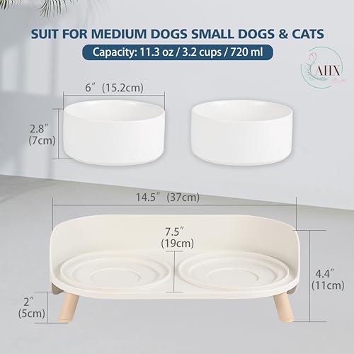 Elevated Ceramic Dog Bowl Set - Double Dog Feeding Bowls with Stand Splash Proof - Raised Dishes for Food and Water - Ideal for Small to Medium Dogs - 2 x 720 ml - 11.3 oz - White