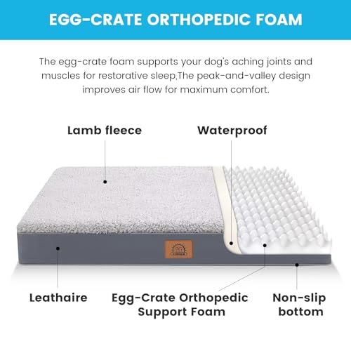 Sunheir Orthopedic Dog Bed for Medium Dogs, Waterproof Deluxe Plush Dog Crate Bed with Removable Washable Cover & Anti-Slip Bottom, Egg Crate Foam Pet Bed Mat, Grey, (30.0" L x 20.0" W x 3.0" Th)