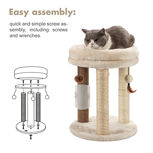 MECOOL 4in1 Small Cat Tree,Scratching Post with Tower Soft Bed, Sisal Carpet Jute Posts with Three Hanging Ball Toys and Massage Brush for Indoor Cats and Kittens