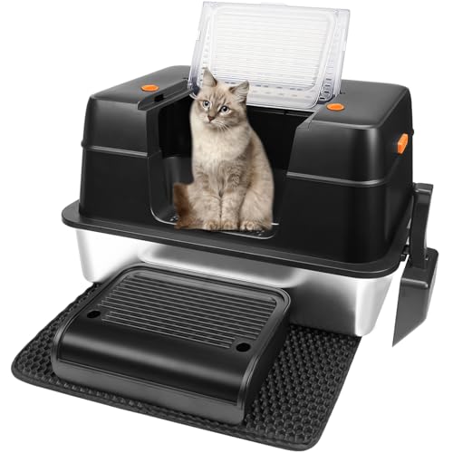 Vivifying Stainless Steel Litter Box, XL Side Entry Extra Large Litter Box with Lid for Big Cats & Kitty, Removable Enclosed Metal Cat Pan with High Sided Enclosure, Scoop (Black)