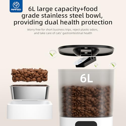 PAPIFEED Automatic Cat Feeder with App, 2.4G WiFi Cat Food Dispenser, 6L Timed Cat Feeder for Dry Food, 10 Meals/Day, 12 Portions/Meal, Dual Power Supply Smart Pet Feeder for Dog, White