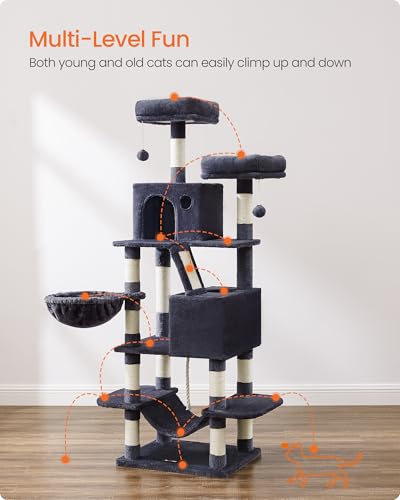 Feandrea Cat Tree, 66.1-Inch Large Cat Tower, Multi-Level Plush Condo with 13 Scratching Posts, 2 Perches, 2 Caves, Basket, Hammock, Pompoms, Smoky Gray UPCT165G01