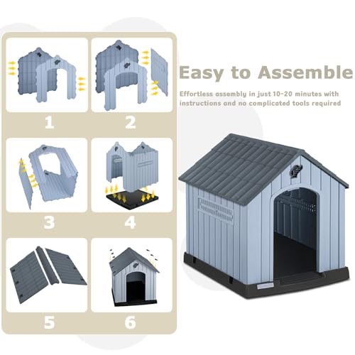 PUKAMI Large Dog House Outdoor Indoor, Plastic Dog House Weatherproof for Large Dogs, Sturdy Puppy Shelter with Air Vents and Elevated Floor, Easy Clean and Assemble (Grey, 37.2" D x 40" W x 40" H)