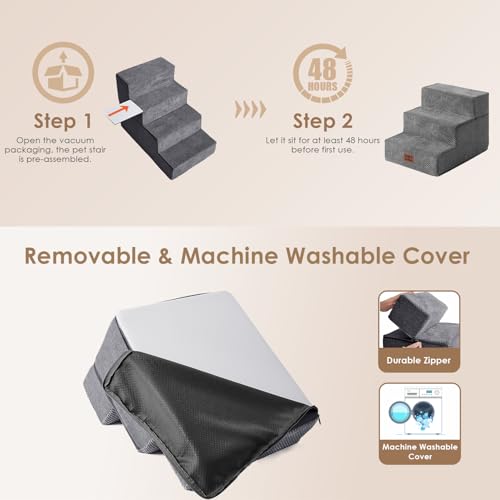 EHEYCIGA Dog Stairs for Small Dogs 13.5" H, 3-Step Dog Steps for Couch Sofa and Chair, Pet Steps for Medium Cats, Non-Slip Balanced Pet Ramp Indoor, Grey