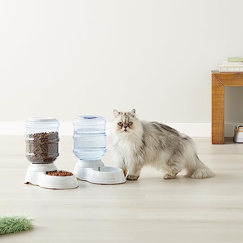 Amazon Basics Automatic Pet Water Dispenser and Gravity Food Feeder Set for Cat and Dog, Easy to Clean, 6-Pound Food Capacity, 1-Gallon, Small, Gray, Pack of 2