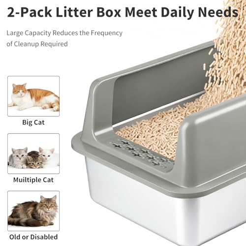 Kirecoo 2 Pack Stainless Steel Litter Box with Lid, Large Enclosed Metal Cat Litter Box Pan High Sided, Easy Clean Anti-Leakage Litterbox Tray for Indoor Big Cats, Kittens or Multicat, Scoop Included