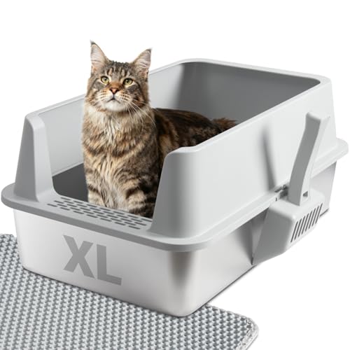 Stainless Steel Cat Litter Box with Lid, Large Metal Litter Box Stainless Steel with Mat & Scoop, Odor-Free/Anti-Leakage & Non-Stick/Easy Clean, High-Sided Litter Box for Multiple Big Cats(XL/Grey)