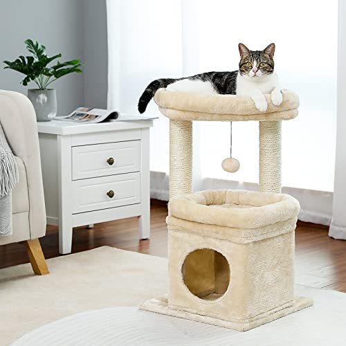 PEQULTI Cat Tree Cat Tower for Indoor Cats with Private Cozy Cat Condo, Natural Sisal Scratching Posts and Plush Pom-pom for Small Cats,Beige