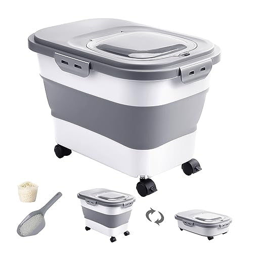 DDMOMMY 20-30 Lbs Rice Storage Container,Collapsible Food Storage Containers with Rolling Wheel Airtight Locking Lid,Flour Storage Container with Cup and Scoop,Suitable for Food,Rice,Pet Food,Flour
